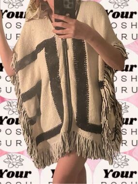 INC Fringed Zip-Front Poncho Sweater in Beige and Black